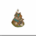 Fairy Tale Style Wooden Cottage With Blue Roof Chimney Sheep And Fence