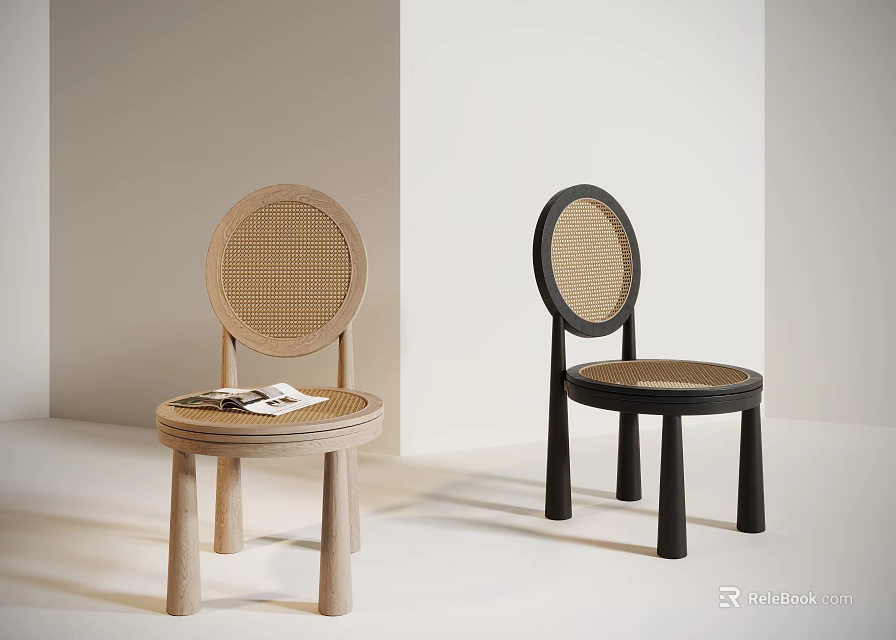 Minimalist Modern Natural and Black Dining Chairs With Woven Backrests and Cylindrical Wooden Legs 3d model 