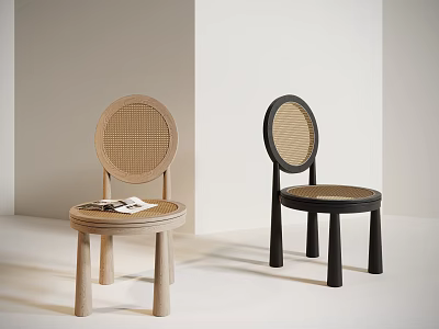 Minimalist Modern Natural and Black Dining Chairs With Woven Backrests and Cylindrical Wooden Legs 3d model