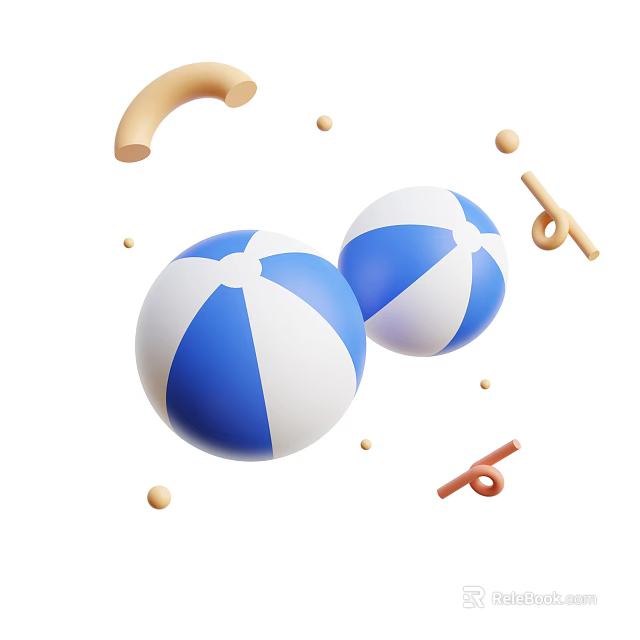 Blue And White Beach Balls With Brown Curved Shapes And Small Round Balls 3d model 