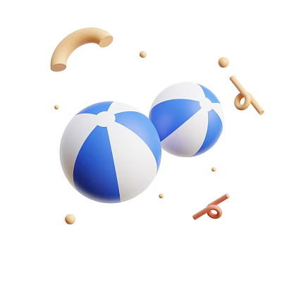 Blue And White Beach Balls With Brown Curved Shapes And Small Round Balls 3d model