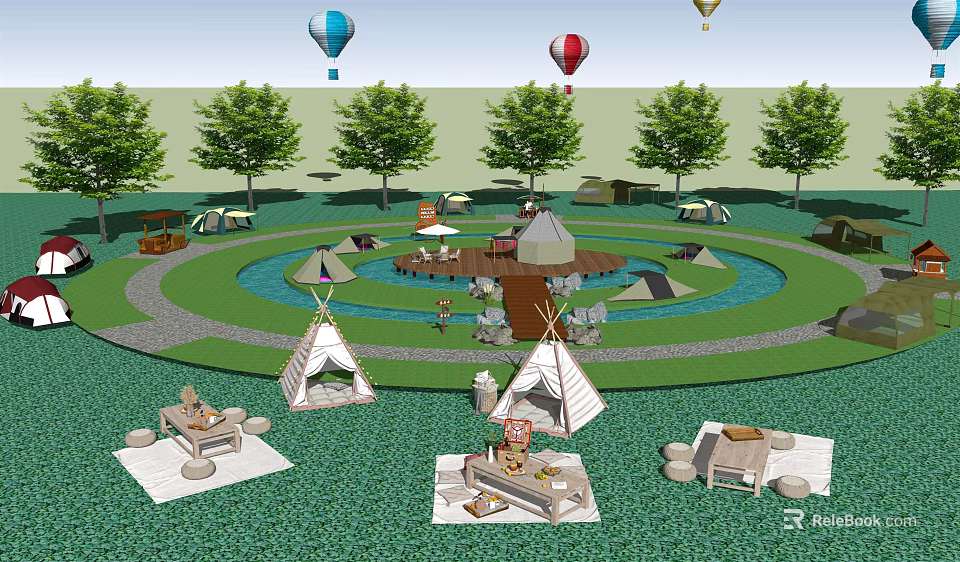 Garden Landscape With Hot Air Balloons Tents Trees Circular Water Feature And Outdoor Furniture 3d model 