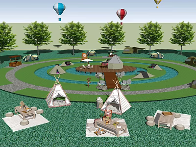 Garden Landscape With Hot Air Balloons Tents Trees Circular Water Feature And Outdoor Furniture 3d model