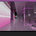 Modern Hotel Lobby With Pink Walls Neon Lighting Transparent Columns Art Installations Smooth Flooring