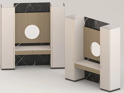 Modern Entryway Hallway Interior Design With Black White Marble Round Mirror Bench And Cabinets 3d model