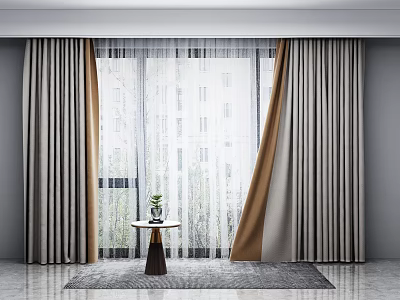 Gray Brown Striped And White Sheer Two Layer Modern Curtains For Window Interior 3d model