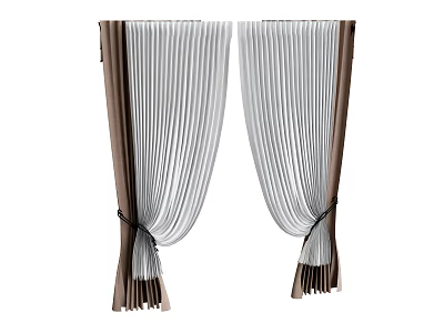 Elegant Double Layer Curtains With Dark Brown And White Vertical Stripes Tied Design 3d model