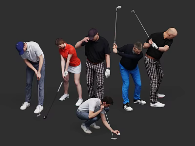 Group of People Practicing Golf Swinging With Various Postures and Clubs 3d model