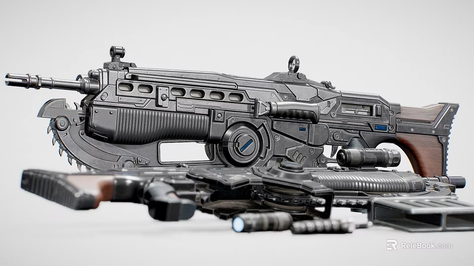 Futuristic Black Tactical Rifle with Magazines Scopes and Military Weapon Accessories 3d model 