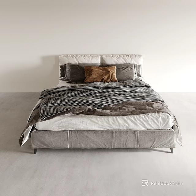 Modern Double Bed with Gray Frame Brown and Gray Pillows Polka Dot Blanket 3d model 