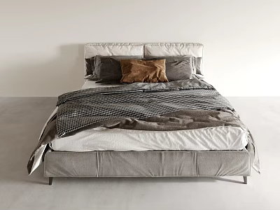 Modern Double Bed with Gray Frame Brown and Gray Pillows Polka Dot Blanket 3d model