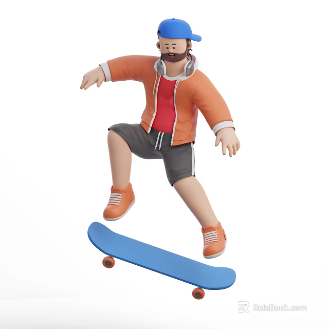 Man Skateboarding Wearing Orange Jacket Red Shirt Gray Shorts With Headphones And Blue Skateboard 3d model 