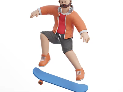 Man Skateboarding Wearing Orange Jacket Red Shirt Gray Shorts With Headphones And Blue Skateboard 3d model