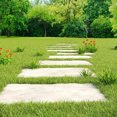 Lush Garden Landscape With Stone Path Green Lawn Red Orange Flowers And Trees 3d model