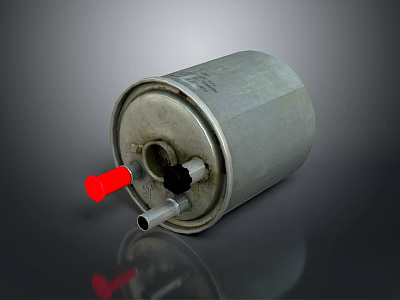 Automotive Fuel Filter With Metal Casing Red Knob And Inlet Outlet 3d model