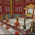 Traditional Chinese Palace Interior Featuring Golden Throne Red Decorations And Carved Pillars
