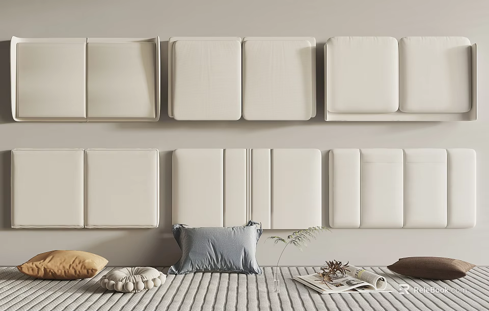 White Upholstered Headboards Arranged On Wall With Bed Pillows Magazine And Plant Decor 3d model 