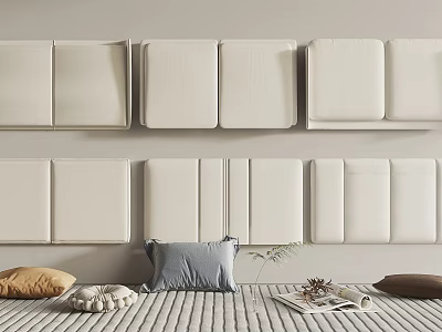 White Upholstered Headboards Arranged On Wall With Bed Pillows Magazine And Plant Decor 3d model