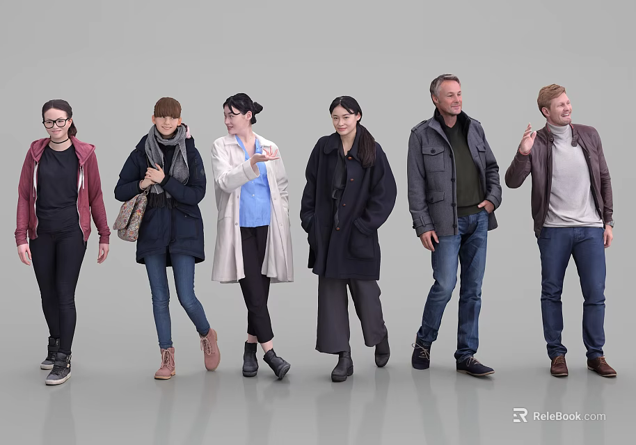 Group of Diverse People Standing In Different Poses With Various Outfits On Gray Background 3d model 