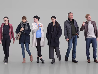 Group of Diverse People Standing In Different Poses With Various Outfits On Gray Background 3d model