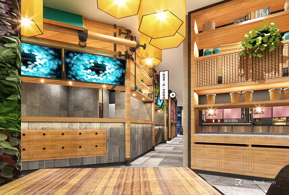 Cozy Restaurant Interior With Wooden Counters Hanging Pendant Lights And Green Plants 3d model 