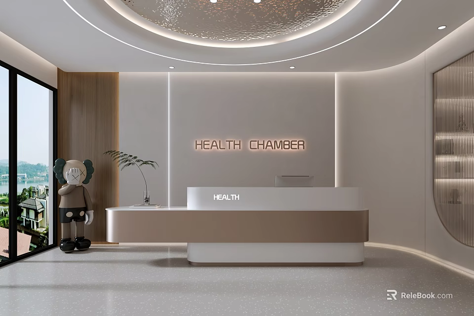 Modern Health Chamber Front Desk With Heliti Sign Curved Design Potted Plant And Soft Lighting 3d model 