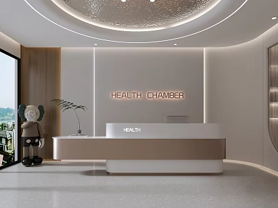 Modern Health Chamber Front Desk With Heliti Sign Curved Design Potted Plant And Soft Lighting 3d model