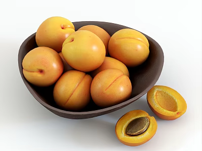 Fresh Ripe Apricots in Dark Brown Bowl with Halved Fruits Showing Pits 3d model