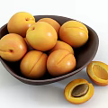 Fresh Ripe Apricots in Dark Brown Bowl with Halved Fruits Showing Pits