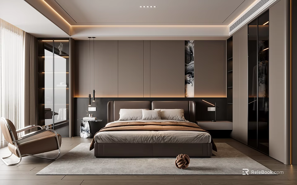 Modern Minimalist Bedroom Interior With Gray Headboard Nightstands Recessed Lighting Area Rug And Wardrobe 3d model 
