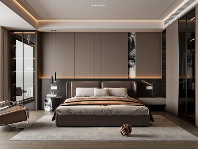 Modern Minimalist Bedroom Interior With Gray Headboard Nightstands Recessed Lighting Area Rug And Wardrobe 3d model