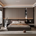 Modern Minimalist Bedroom Interior With Gray Headboard Nightstands Recessed Lighting Area Rug And Wardrobe