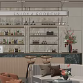 Elegant Sales Office Interior With Wine Shelves Marble Backdrop Bar Counter Bar Stools And Sofa