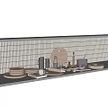 Wooden And Metal Tableware Set With Plates Mugs On White Shelf Against Striped Tile Wall