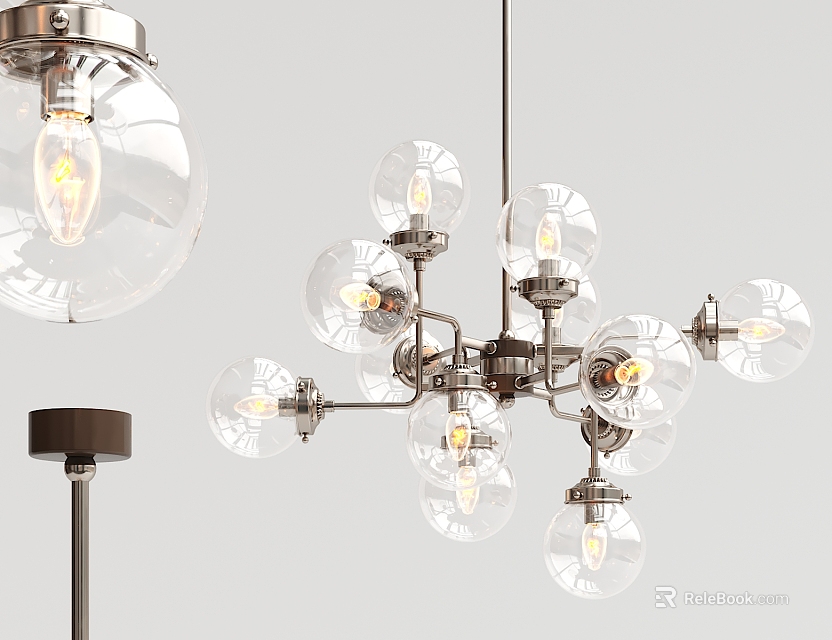 Modern Chandelier With Metal Frame Transparent Glass Globes And Exposed Bulbs 3d model 