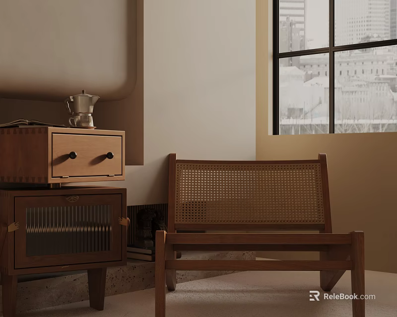 Wooden Leisure Chair In Living Room With Side Cabinet And Natural Light 3d model 