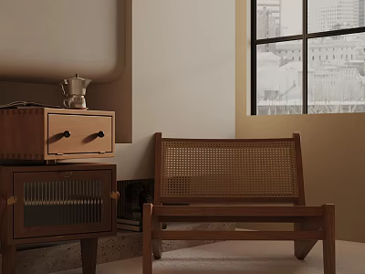 Wooden Leisure Chair In Living Room With Side Cabinet And Natural Light 3d model
