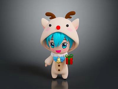 Cute Blue Haired Character in Reindeer Costume Holding Gift Box and Bell 3d model