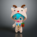 Cute Blue Haired Character in Reindeer Costume Holding Gift Box and Bell