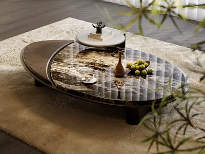 Modern Oval Coffee Table With Marble Top And Grapes Bowl On Living Room Rug 3d model