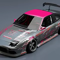 Modified Silver Sports Car With Pink Accents Rear Spoiler And Wide Body Kit