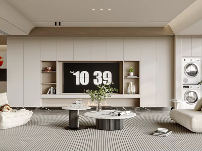 Modern Living Room Interior With TV Wall Built-in Cabinets White Sofa And Round Coffee Tables 3d model