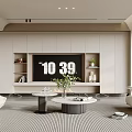 Modern Living Room Interior With TV Wall Built-in Cabinets White Sofa And Round Coffee Tables