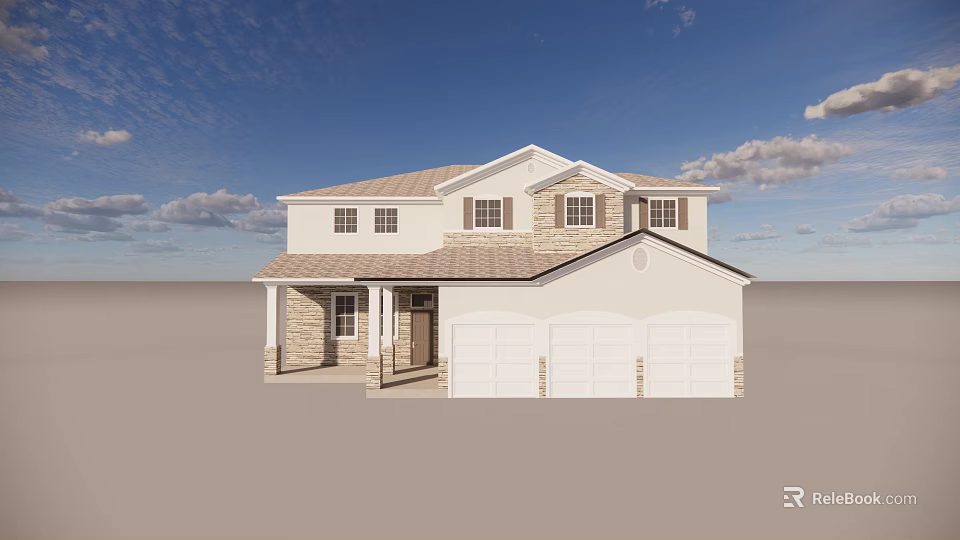 Two Story Single Family Home With Beige Exterior Brown Roof And Double Garage 3d model 