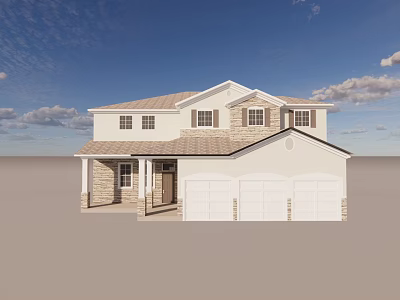 Two Story Single Family Home With Beige Exterior Brown Roof And Double Garage 3d model