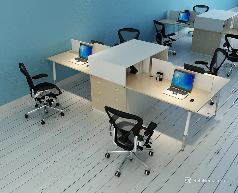 Modern Office Desks With White Dividers Laptops Black Chairs Blue Walls And Light Wooden Floor 3d model 