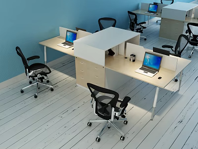 Modern Office Desks With White Dividers Laptops Black Chairs Blue Walls And Light Wooden Floor 3d model