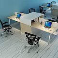 Modern Office Desks With White Dividers Laptops Black Chairs Blue Walls And Light Wooden Floor