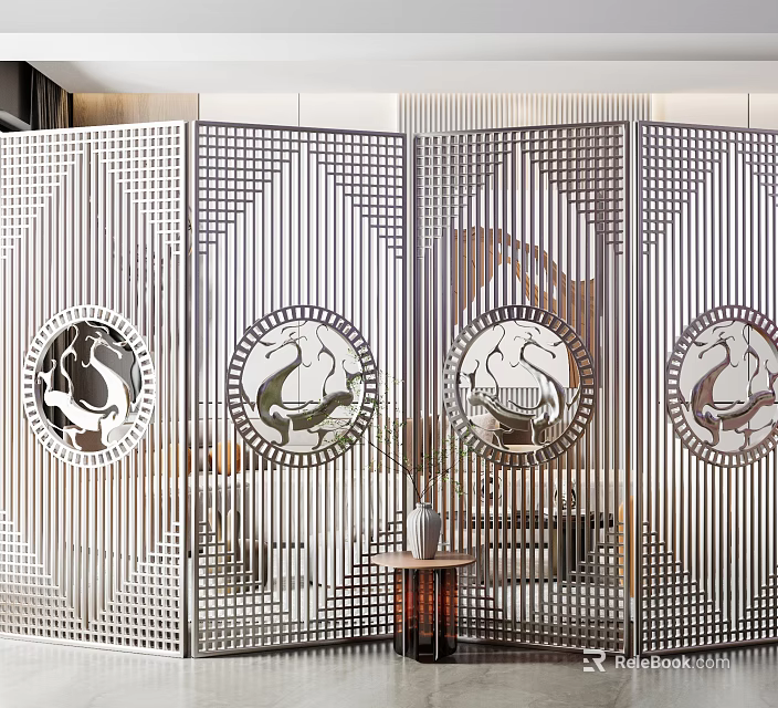 Metal Room Divider With Circular Dragon Carved Patterns For Modern Home Interior 3d model 