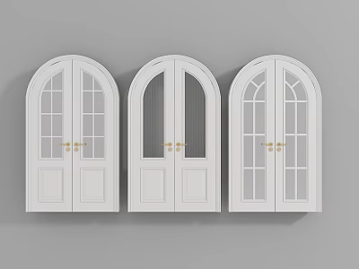 White Arched Double Doors with Glass Panels and Golden Handles Design 3d model